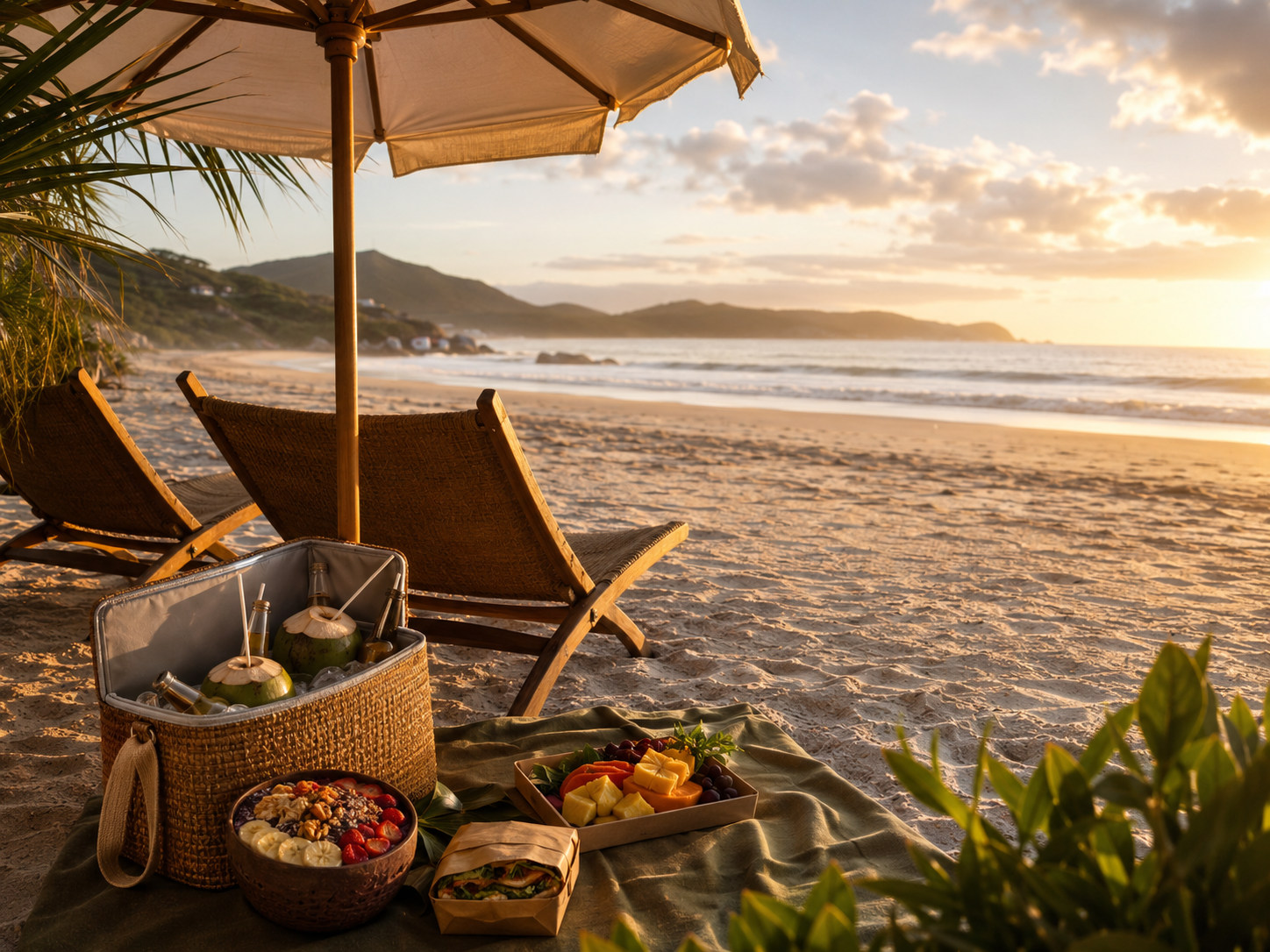 Serviço de praia Aloha com açaí, frutas e sanduíche natural