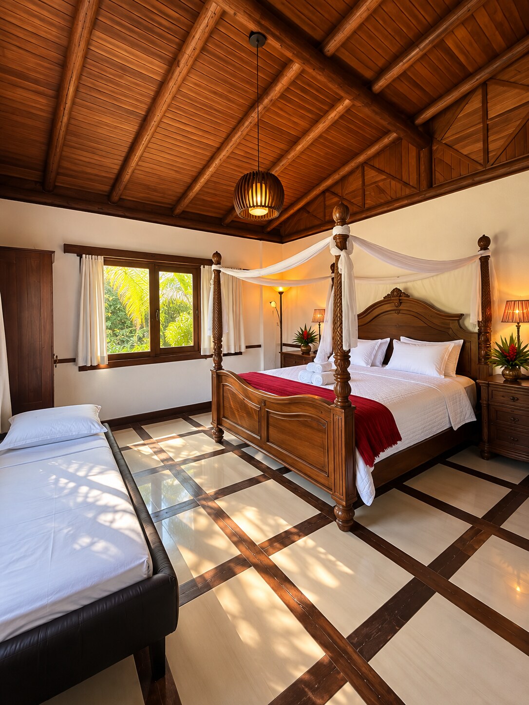 Quarto amplo com madeira e luz natural